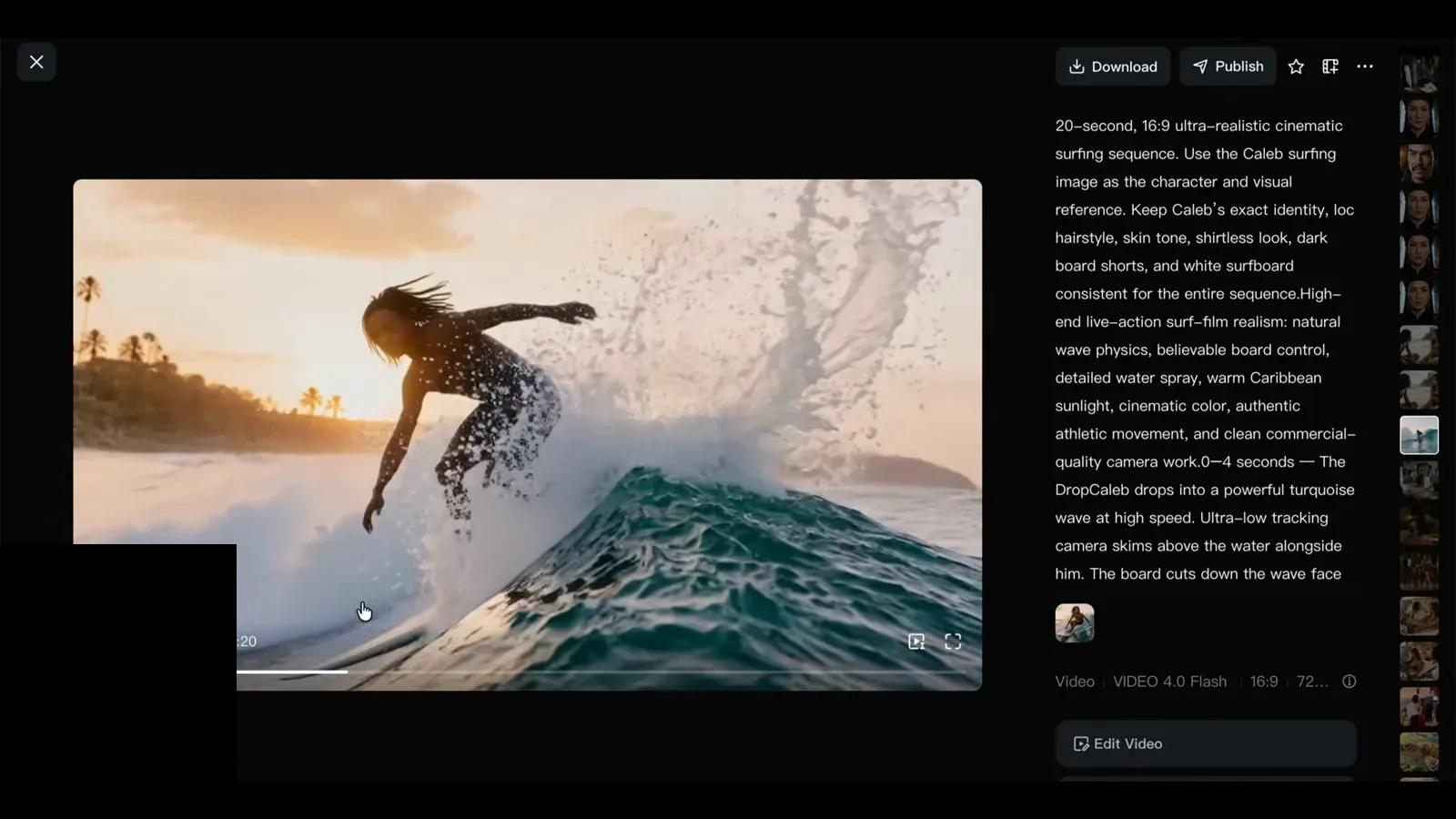 Kling 4 prompt panel detailing a 20-second surfing sequence with shot timing, an ultra-low tracking camera and natural wave physics beside the result
