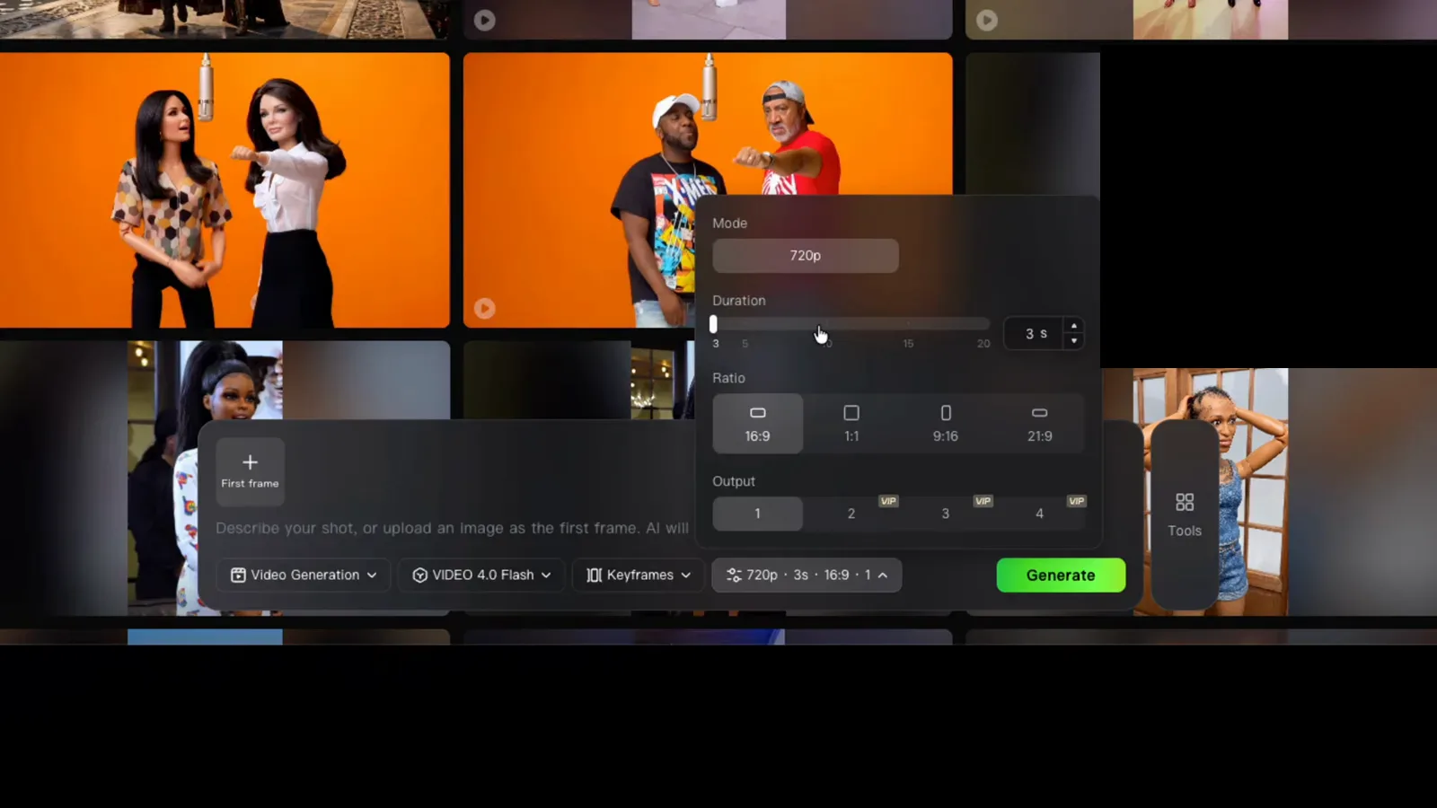 Kling 4 settings popover with 720p mode, a duration slider up to 20 seconds, 16:9 1:1 9:16 21:9 ratios and an output count with VIP badges