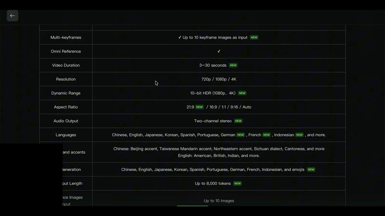 Kling 4.0 specification table showing 8,000-token prompts, 10 reference images, two-channel stereo audio output and the new 21:9 aspect ratio