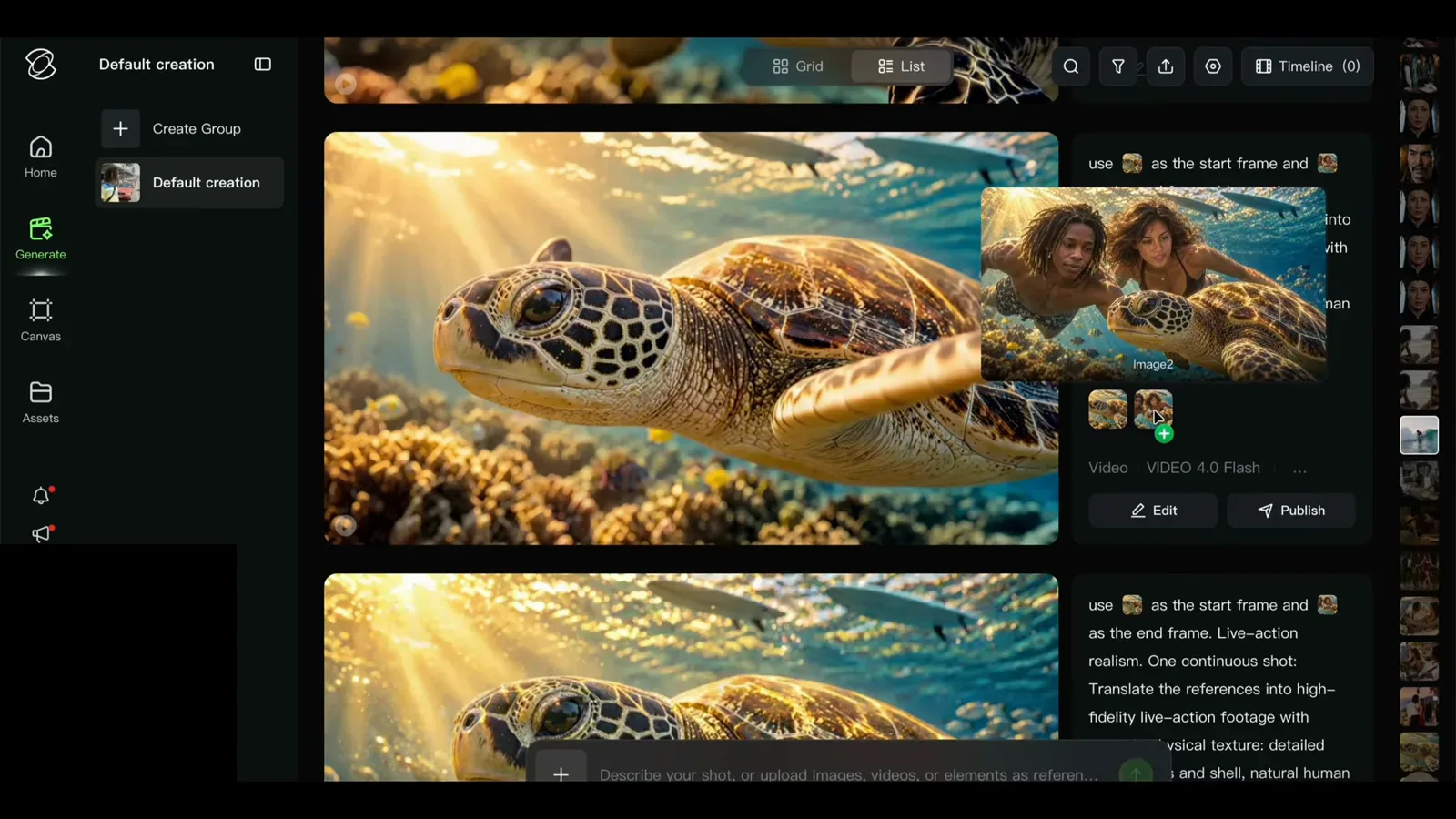 Kling 4 prompt using a turtle image as the start frame and a swimmer image as the end frame, with an Image2 hover preview above the generation list