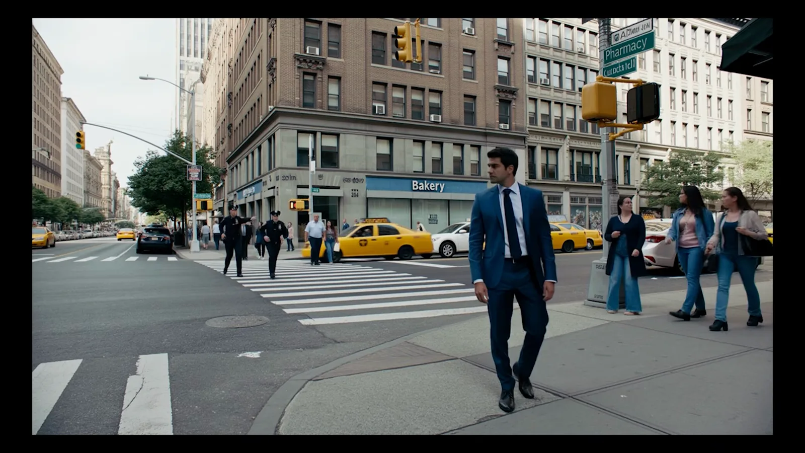 Kling 4 text-to-video test frame of a man in a blue suit crossing a New York street with taxis behind him