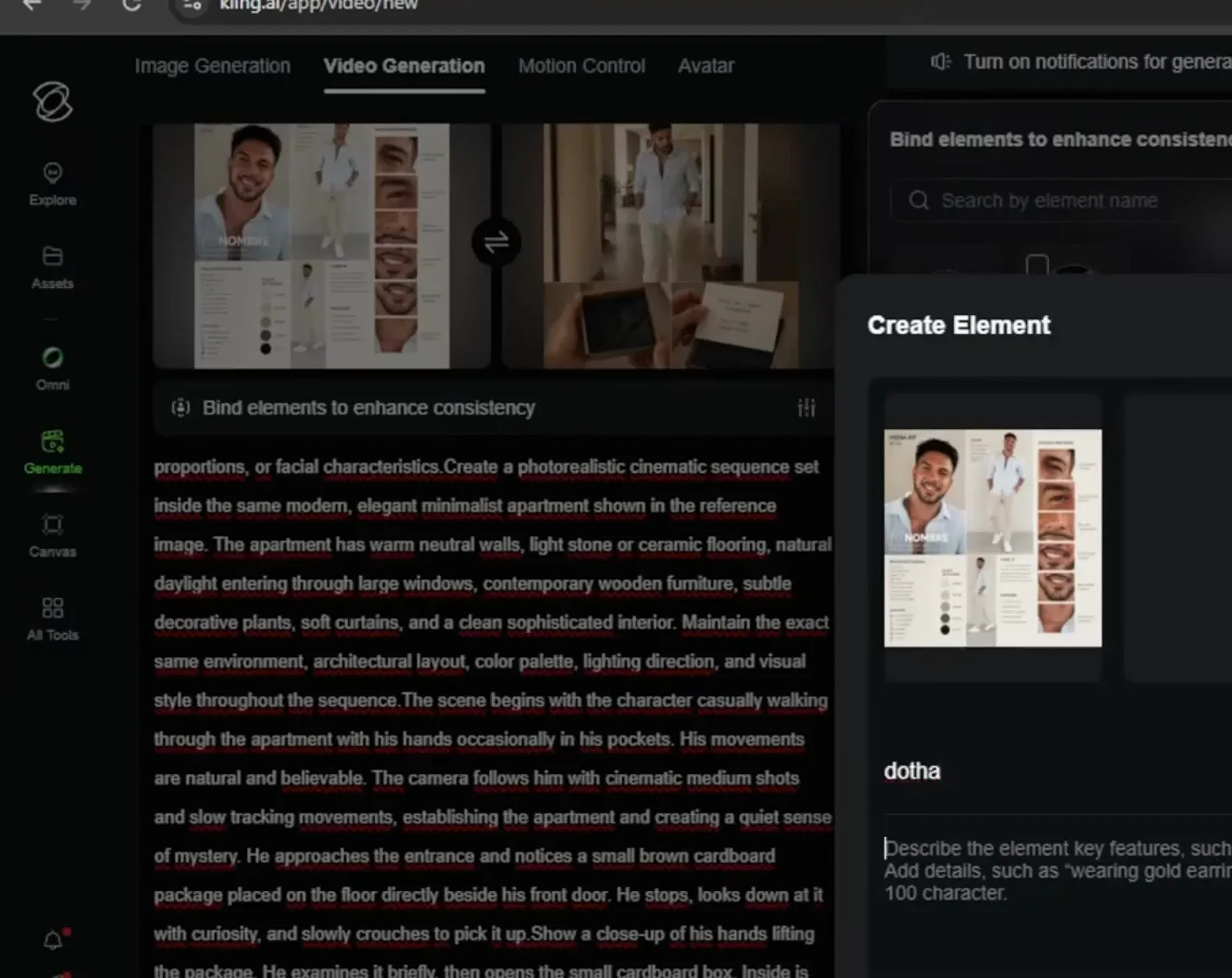 Kling Create Element panel naming the face element dotha with a 100-character description under the attached media kit