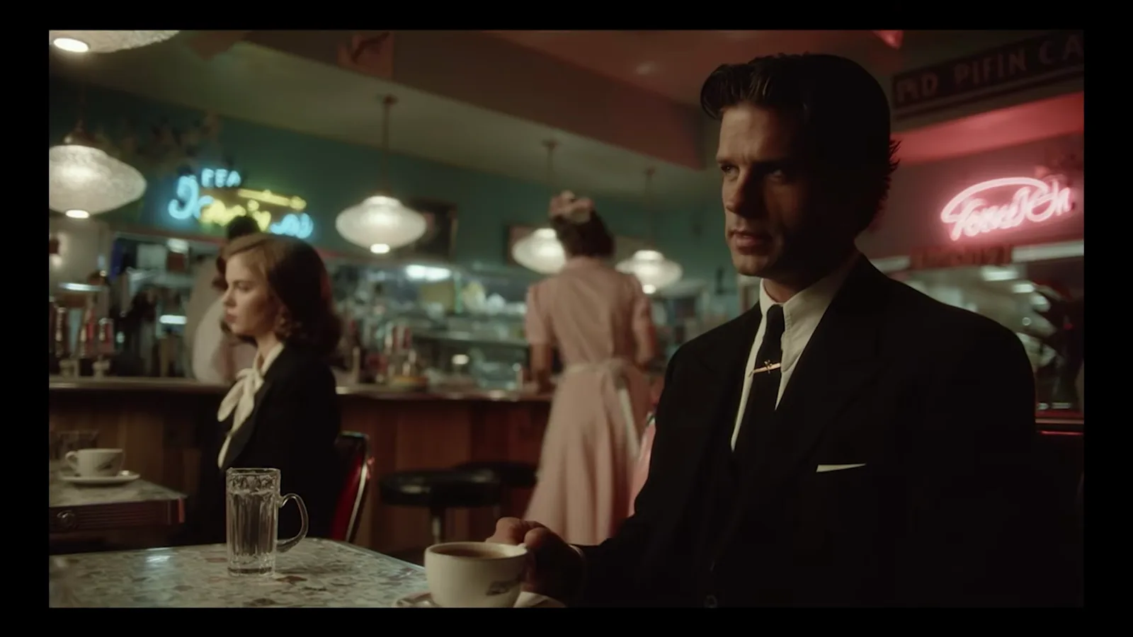 Kling 4 image-to-video frame of a suited agent talking to a waitress in a neon-lit 1950s diner