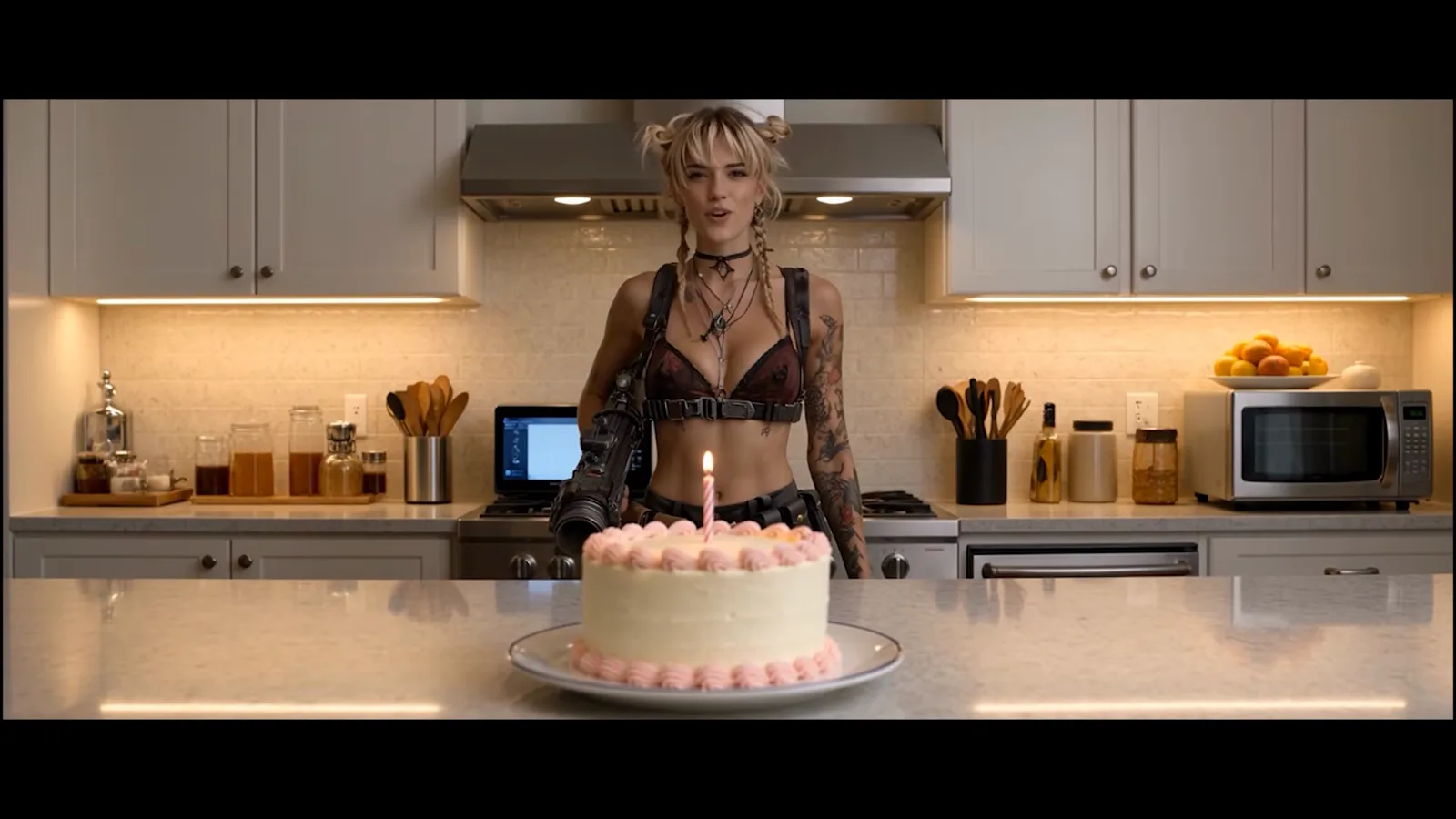 Kling 4 Omni reference test frame of the flamethrower girl character facing a birthday cake in a bright kitchen