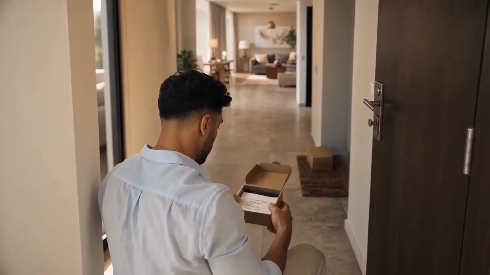 A Kling 4.0 multi-shot scene where the character kneels to pick up a cardboard package by his front door