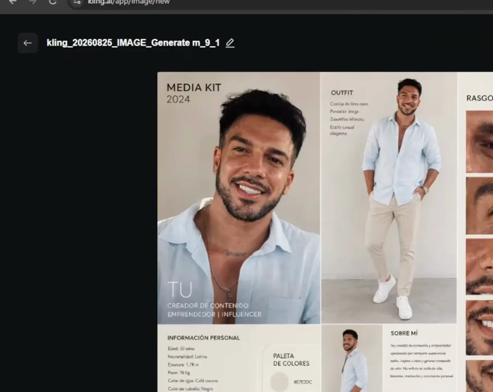 The generated media kit page for AI DOTHA's character: outfit, palette, body shot and facial features on one sheet