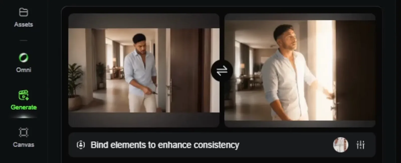 Kling video workspace pairing a hallway frame and a glowing doorway frame above the element consistency bar