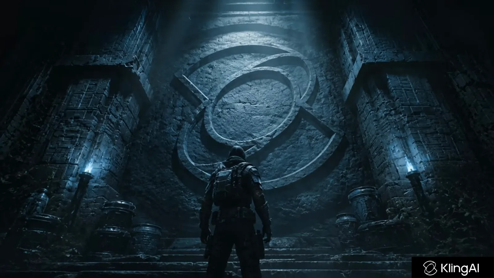 Film still from an AI sci-fi short film showing a soldier entering a dark alien ruin with carved walls