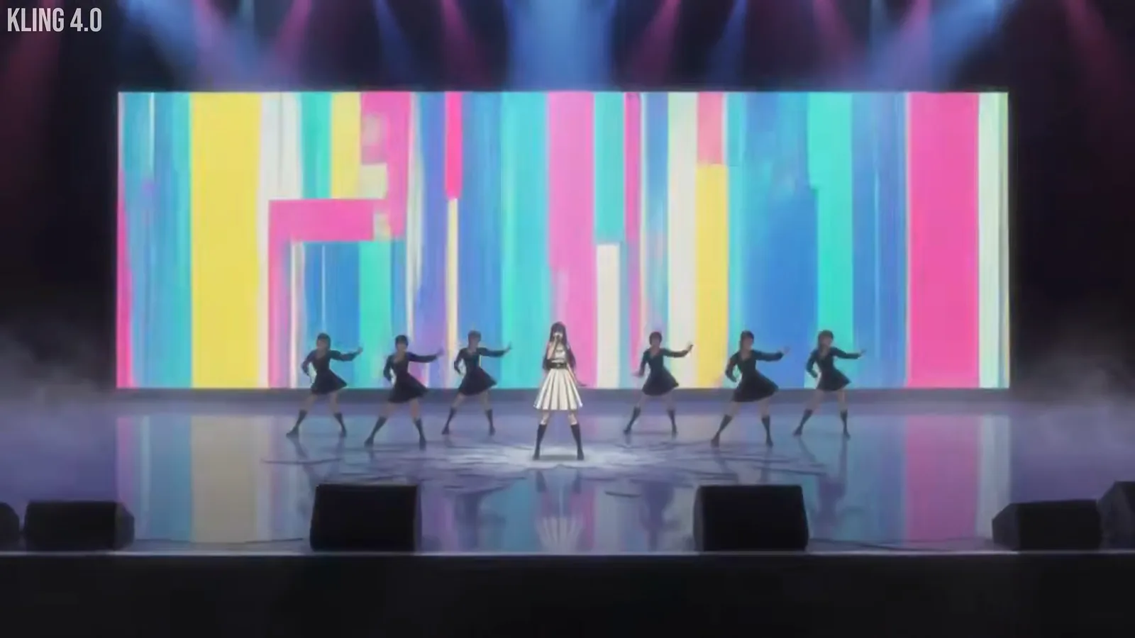 Kling 4.0 stylized stage clip of an idol dance number in front of a colorful LED screen wall