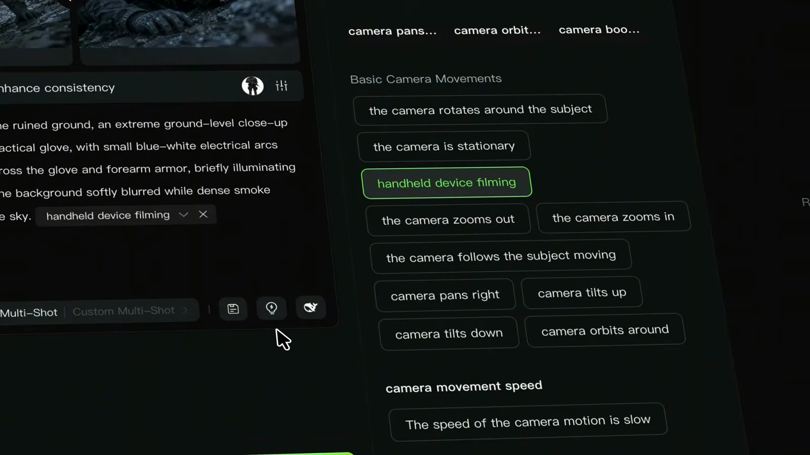 Kling camera settings panel listing orbit, dolly, tilt and pan presets with movement speed controls