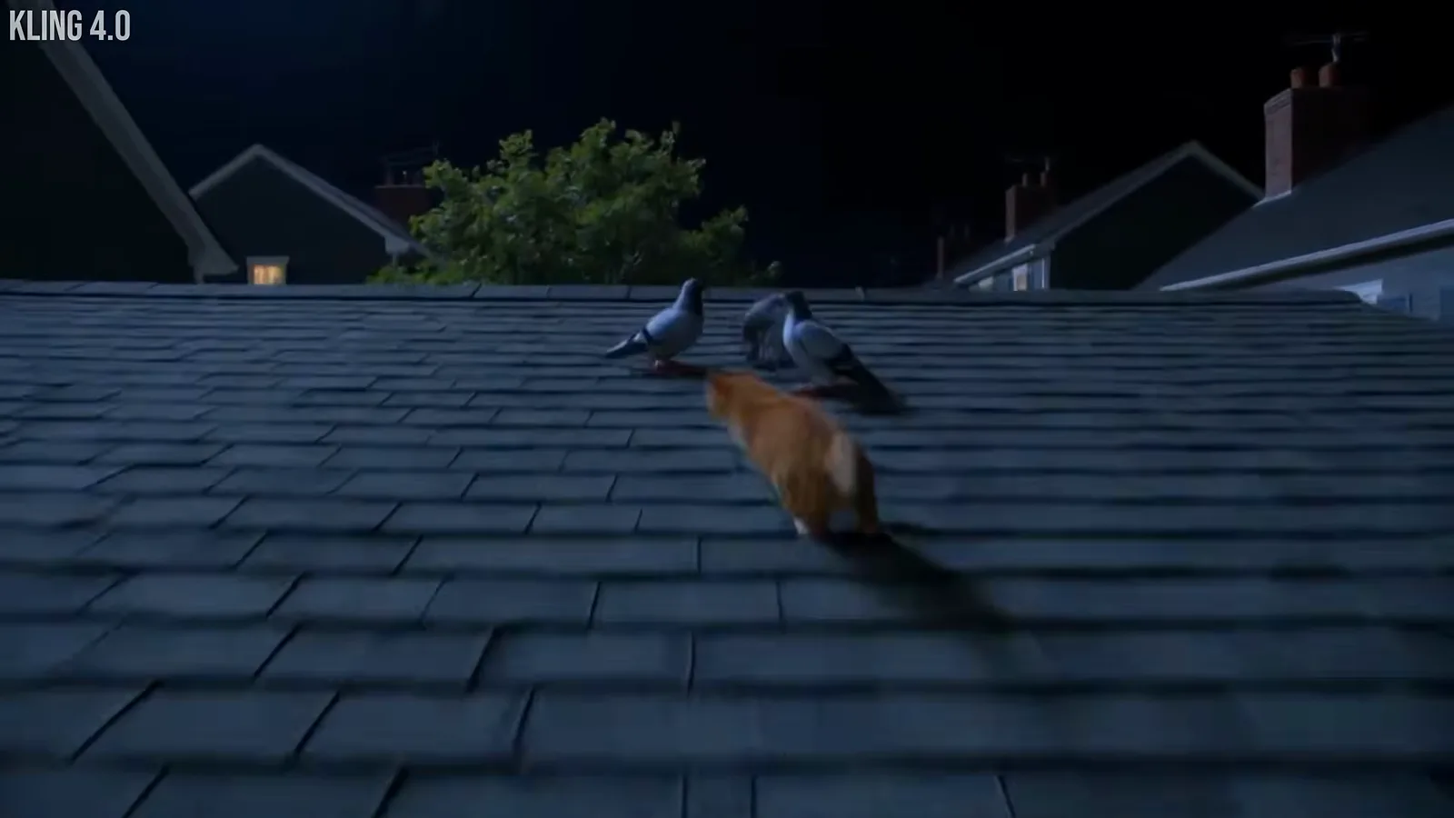 Kling 4.0 generated clip of a cat walking along rooftop tiles against a dusk skyline