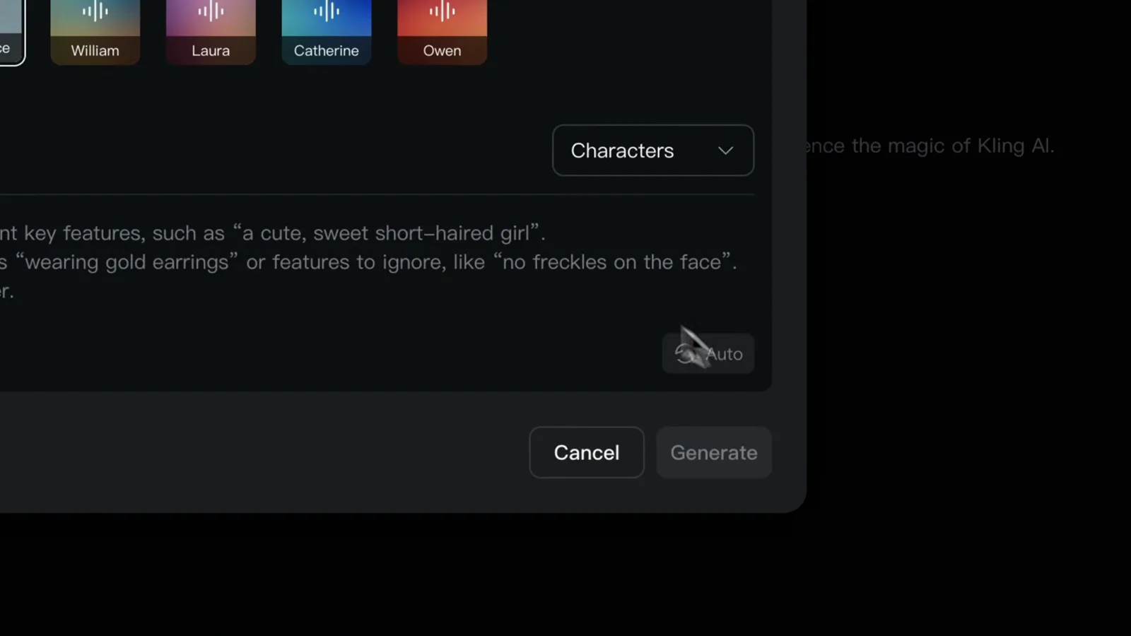 Kling video subject dialog with the character reference uploaded and the character name field filled in