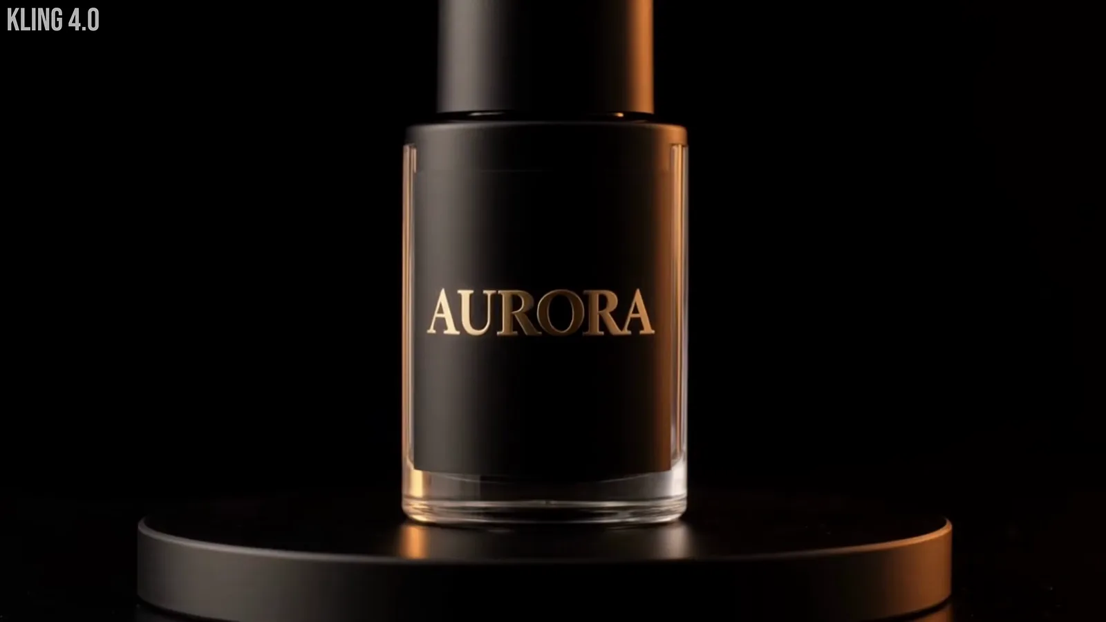 Kling 4.0 product ad frame of a black cosmetic bottle labeled AURORA on a pedestal surrounded by golden dust