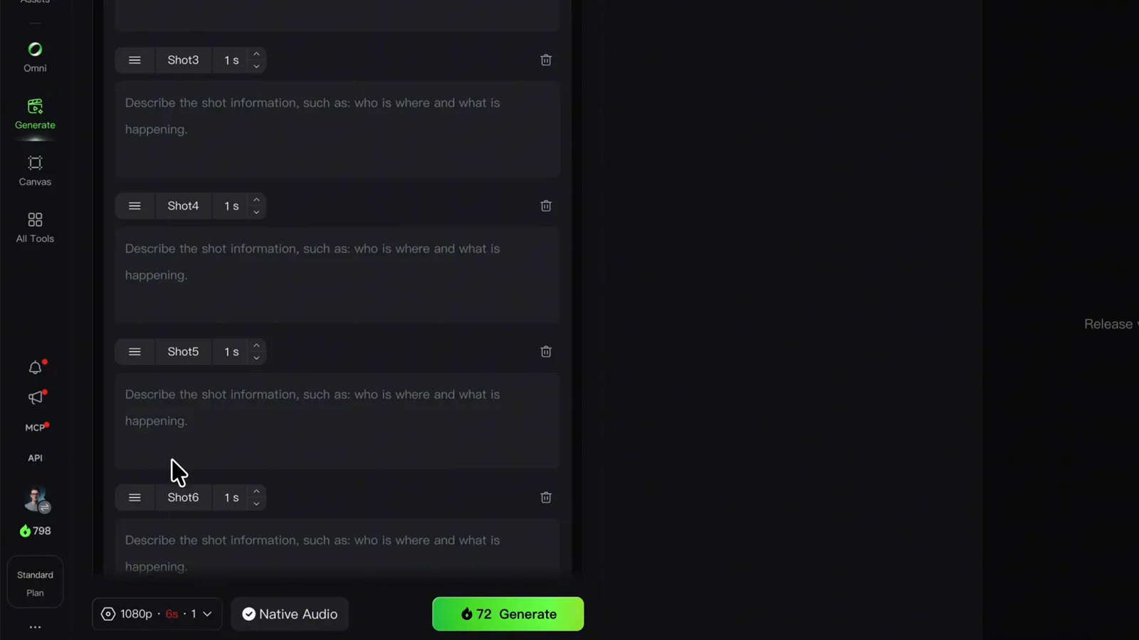 Kling custom multi-shot editor showing a numbered four-shot storyboard list with per-shot prompt fields