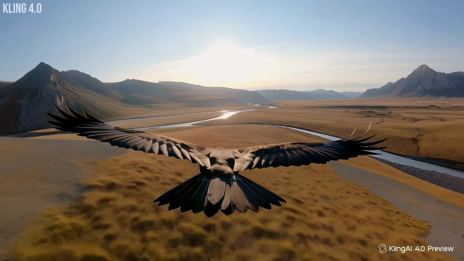 Kling 4.0 nature shot of an eagle flying low over a golden river valley at sunset