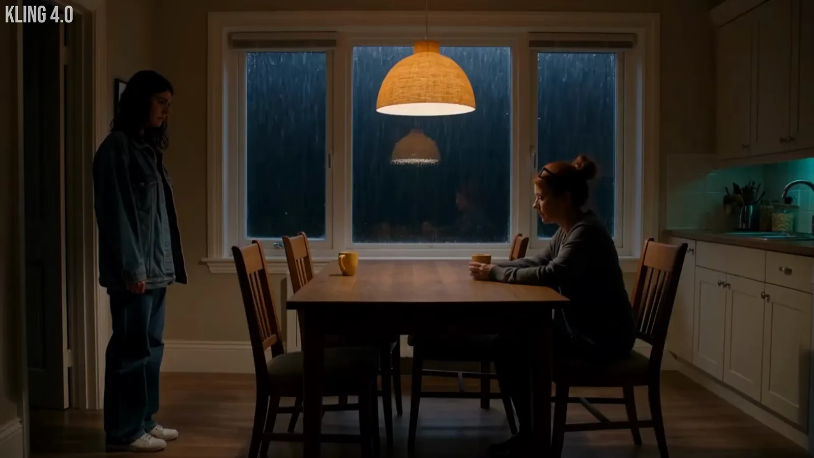 Kling 4.0 emotional scene still of two women arguing in a dim kitchen under dramatic lamp light