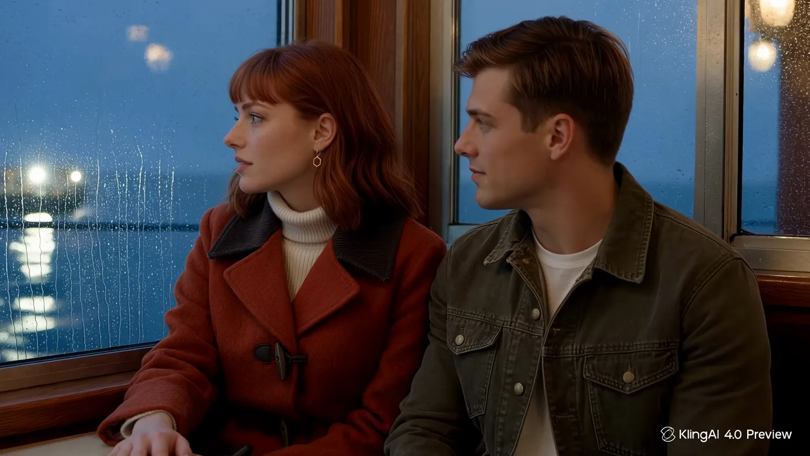 Kling 4.0 generated ferry scene at dusk with two characters talking, their dialogue spoken in one take