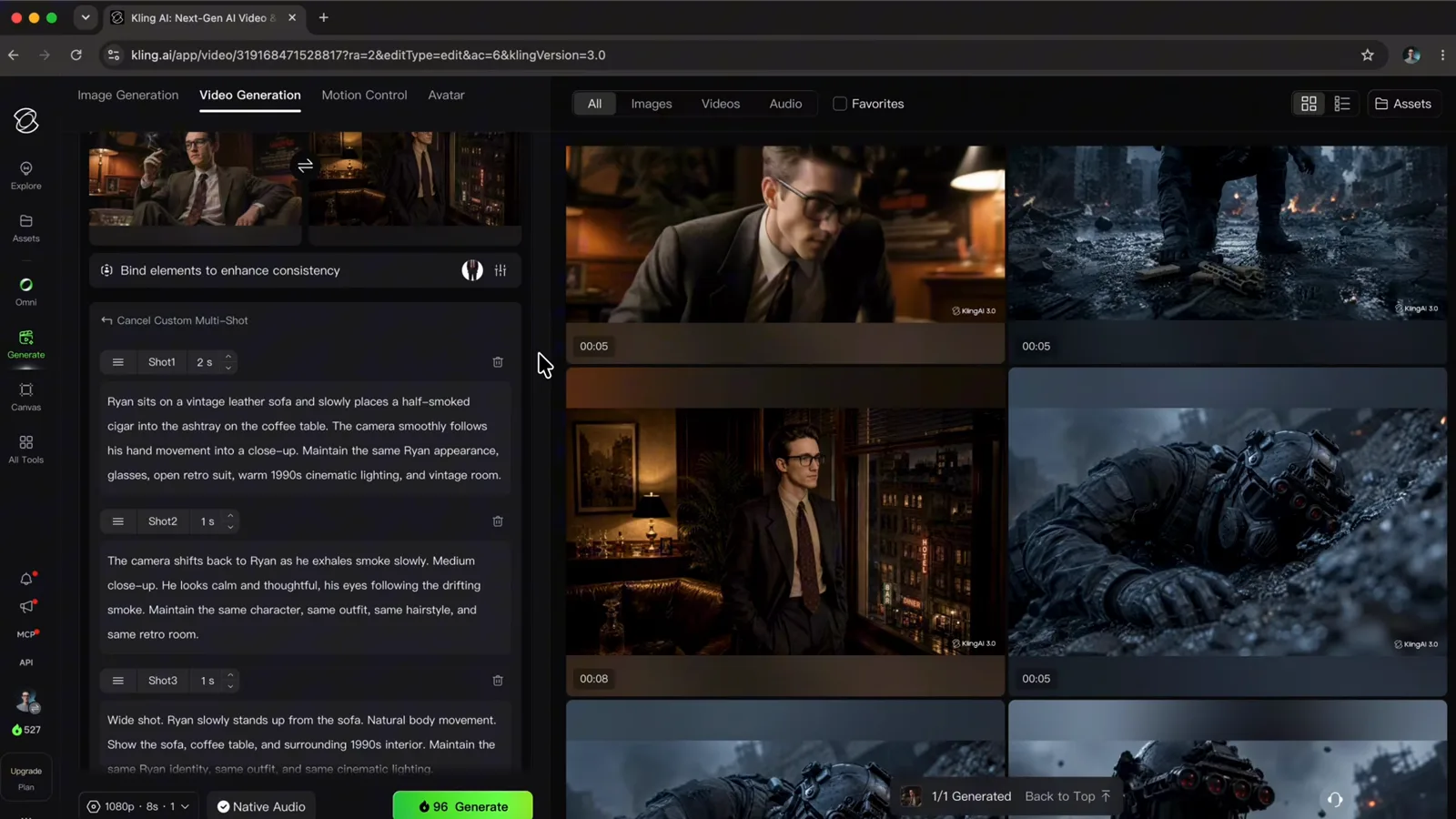 Kling workspace showing storyboard reference images beside the video prompt panel for the next shot
