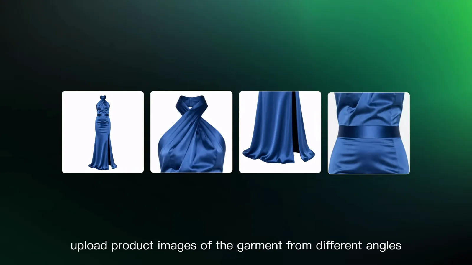 Kling MCP fashion tutorial frame showing four product photos of a blue garment uploaded from different angles