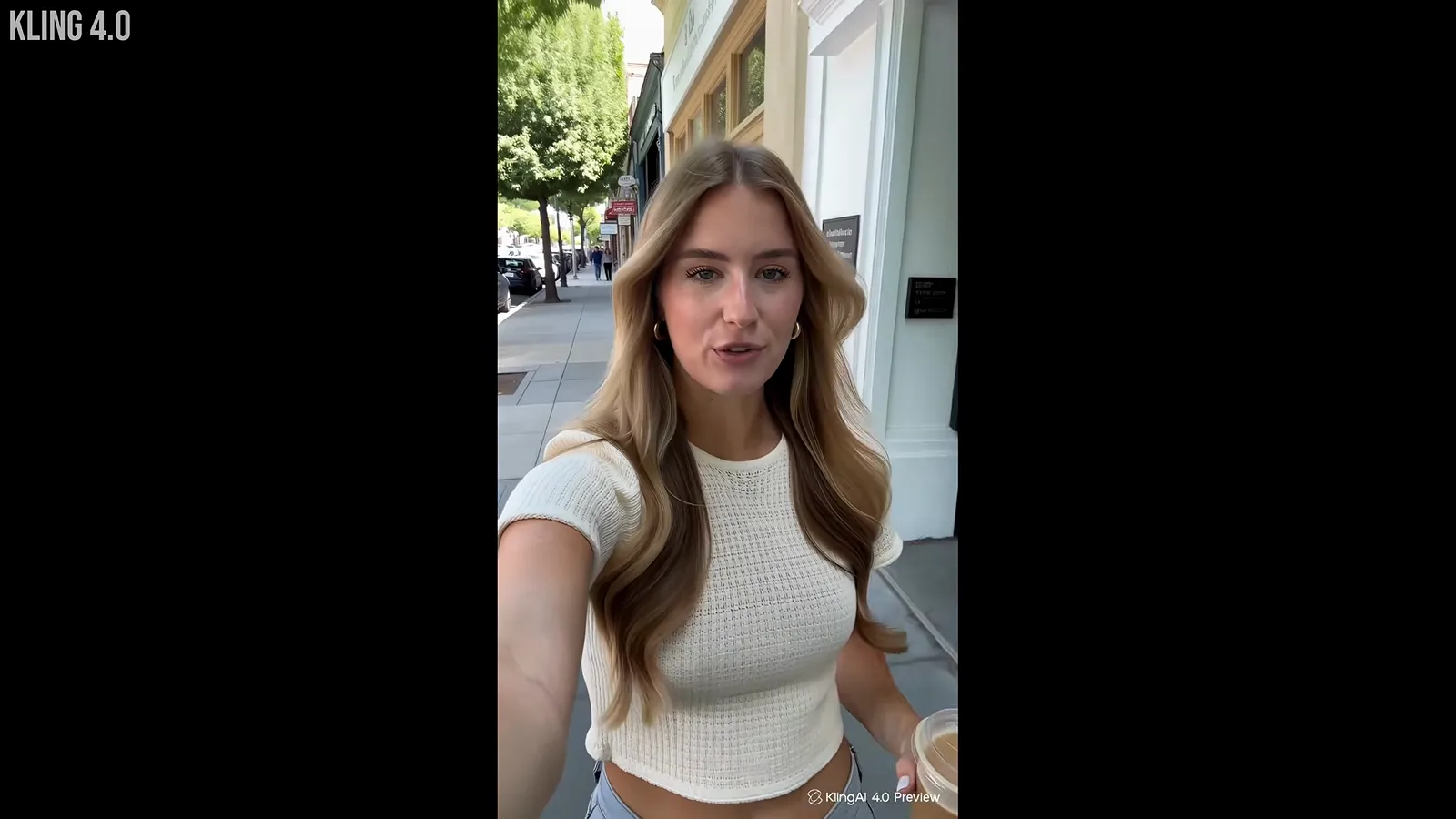 Vertical UGC-style selfie clip of a woman walking down a morning street talking to the camera