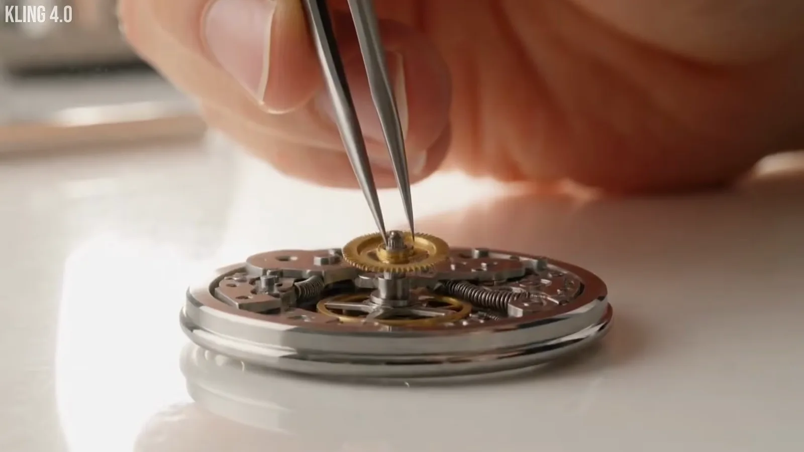Kling 4.0 macro commercial frame of tweezers assembling a luxury watch movement in shallow focus