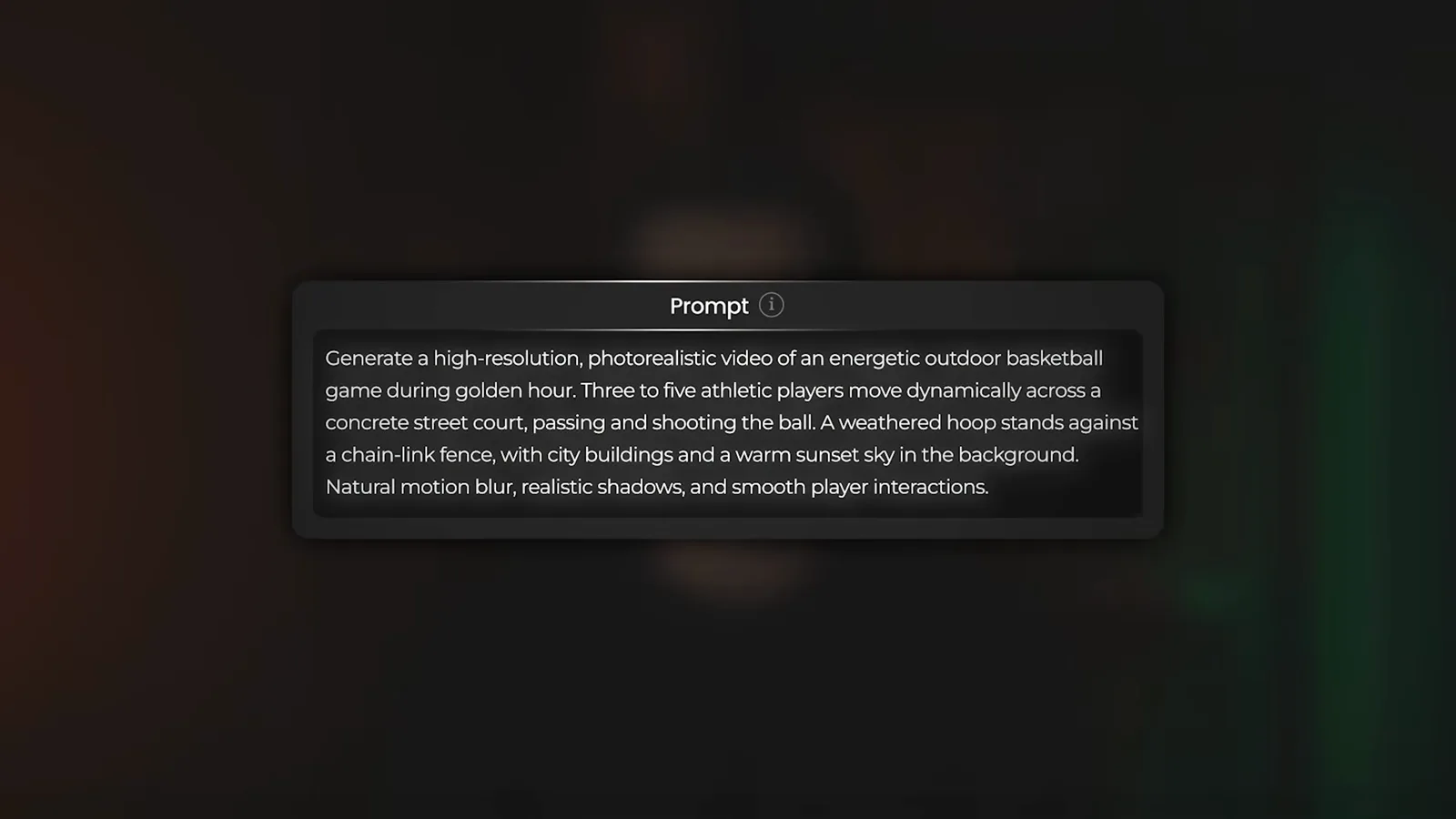 Shared basketball prompt card asking for five athletic players at golden hour, used to test Kling 3, Veo 3.1 and Sora 2