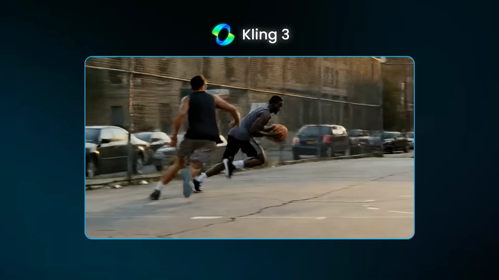 Kling 3 generated video frame of basketball players dribbling on a street court with parked cars and a chain-link fence