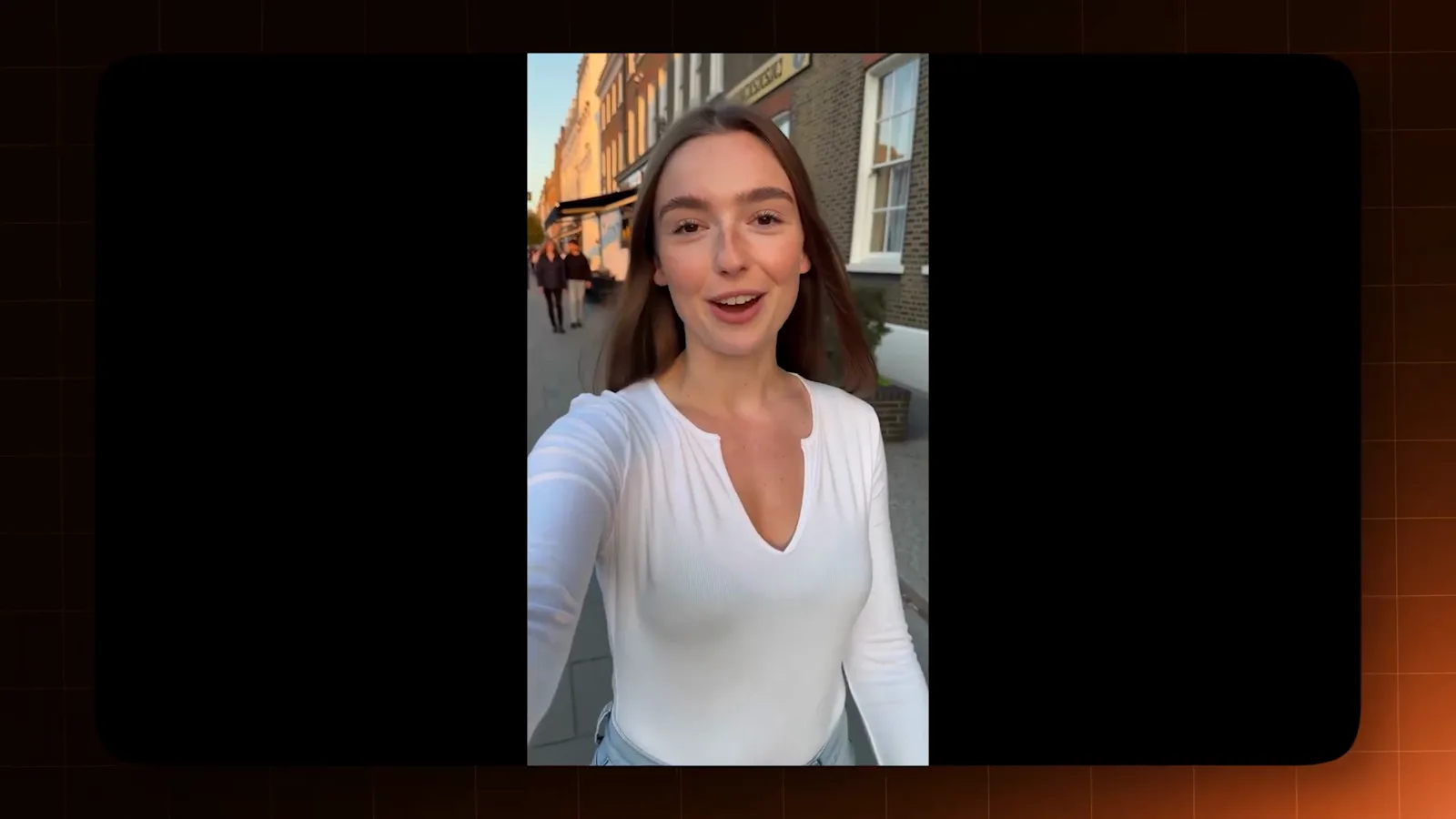 Woman films a selfie-style video walking down a London street in a Kling 4.0 clip showing tight lip-sync and handheld motion