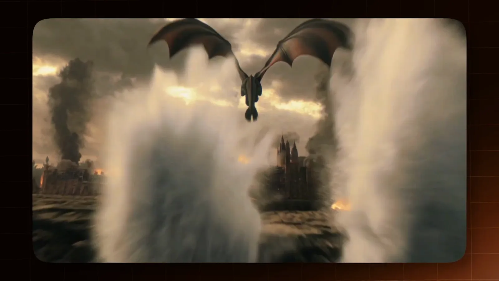 A dragon flies between smoke columns over a burning city in a Kling 4.0 showcase clip billed as one single 30 second generation