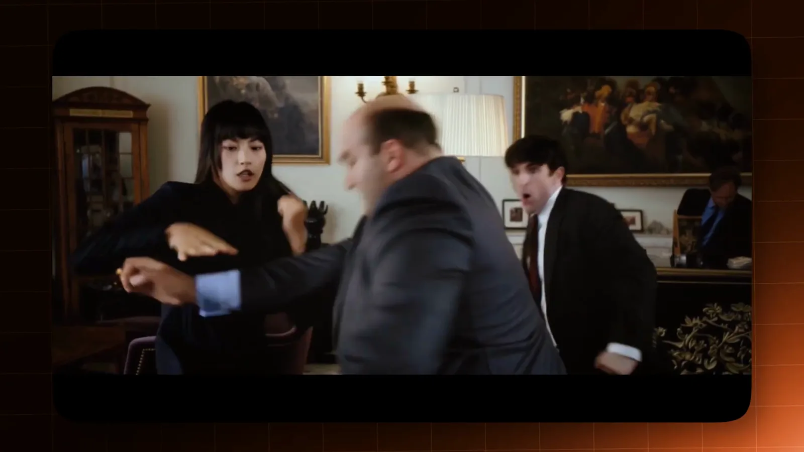 Kling 4.0 showcase frame of a hotel lobby fight in 21:9 format with a woman blocking a kick while the camera follows the action