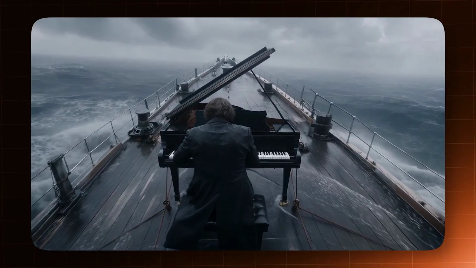 A man plays a grand piano on the storm-swept deck of a sinking ship in a Kling 4.0 native stereo audio showcase clip