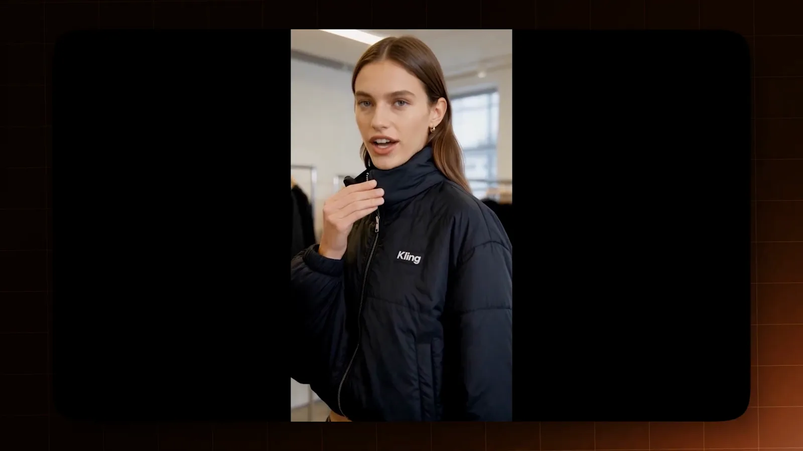 Model adjusts her collar while the Kling logo stays readable on a black jacket in a Kling 4.0 UGC product video clip