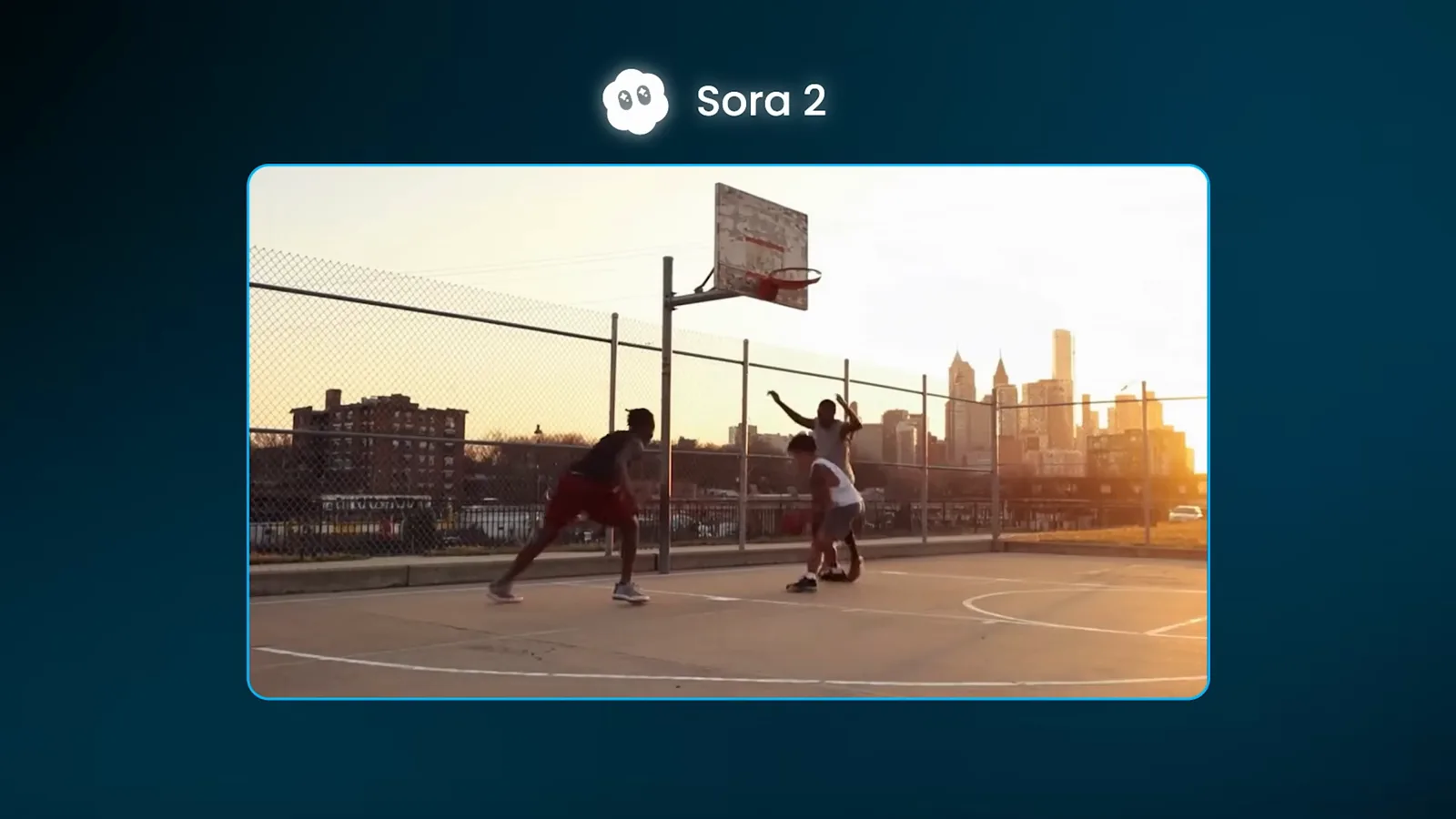 Sora 2 generated video frame of three basketball players at golden hour on an outdoor court with a city skyline behind them