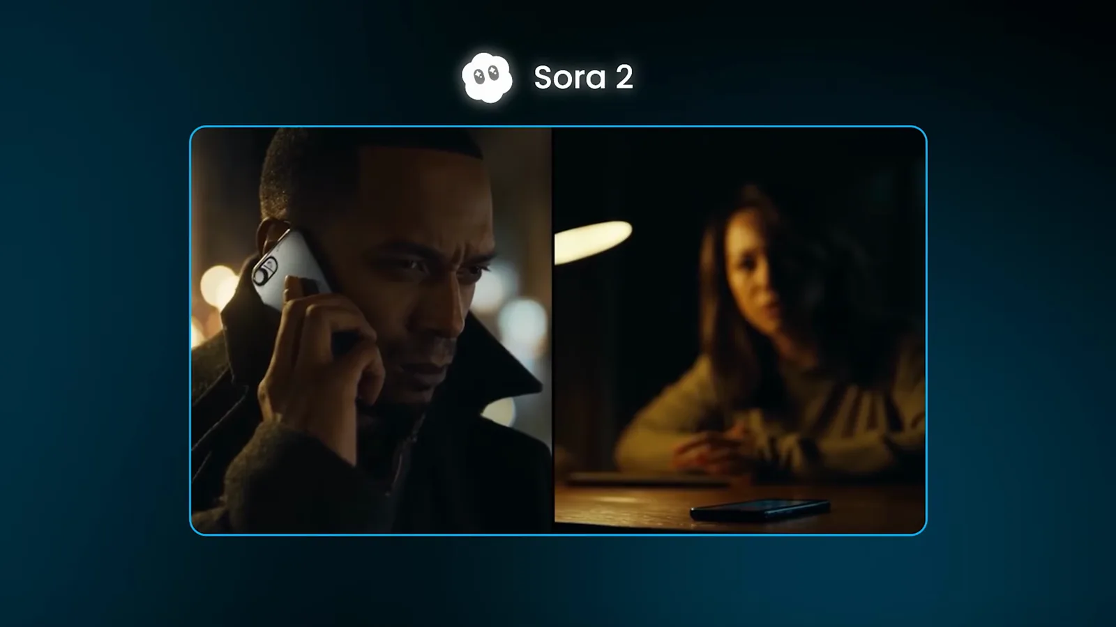 Sora 2 generated split screen frame showing a man on a phone call on the left and a woman listening at a desk on the right