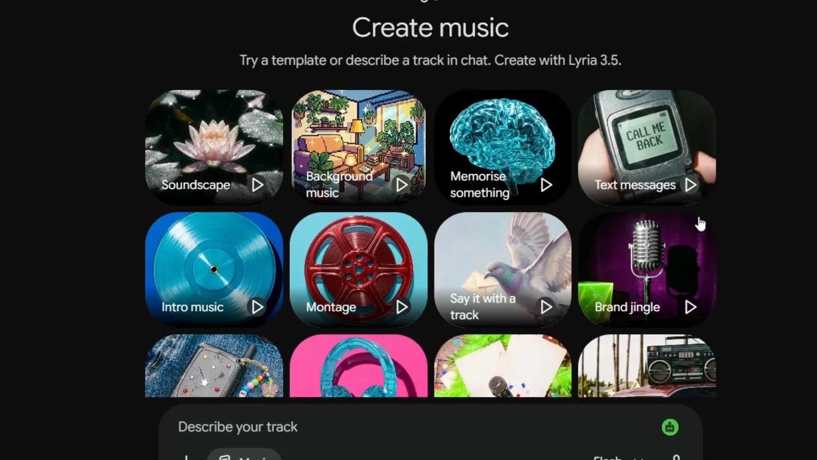 Create music panel in Gemini with template covers and a Describe your track box. Create music panel in Gemini with template covers and a Describe your track box.