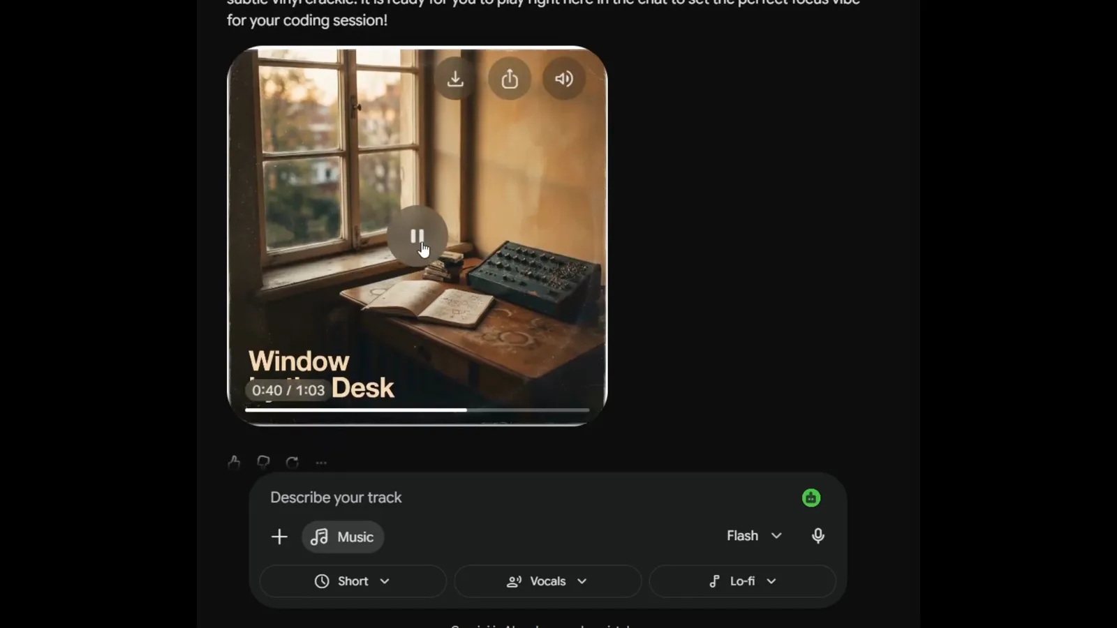 Finished Lyria 3.5 track showing download, share, and mute icons in Gemini. Finished Lyria 3.5 track showing download, share, and mute icons in Gemini.