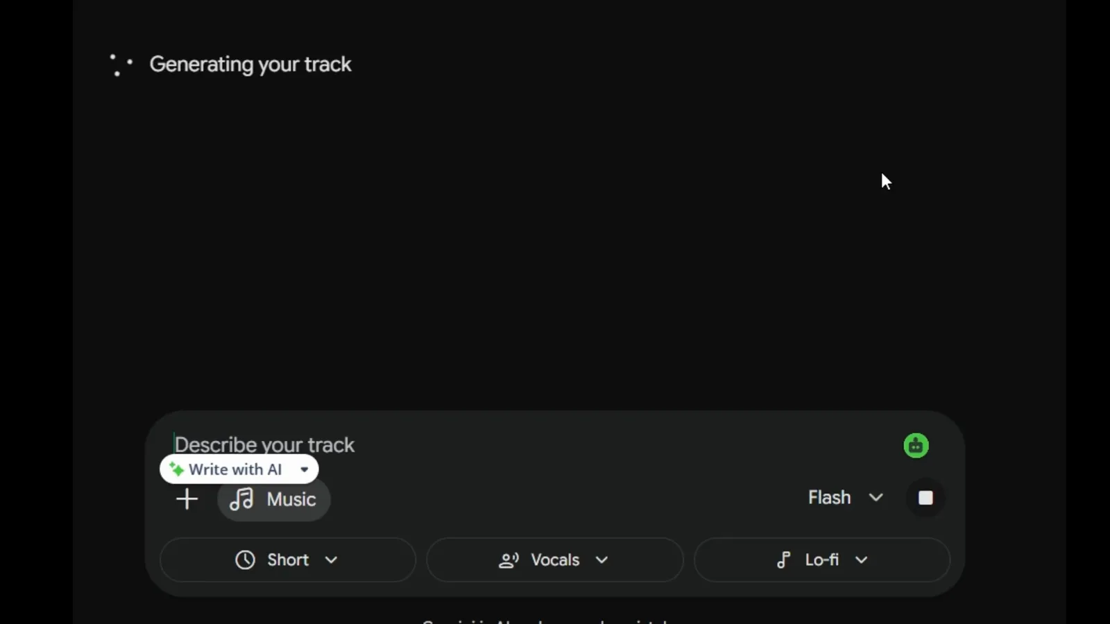 Generating your track status shown above the prompt box during Lyria 3.5 generation. Generating your track status shown above the prompt box during Lyria 3.5 generation.