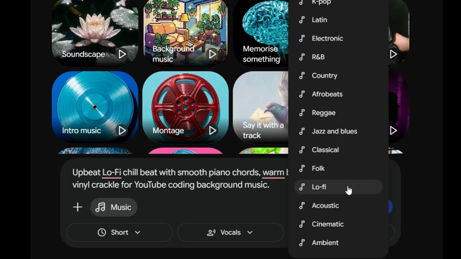 Genre dropdown in Gemini with Lo-fi highlighted among fourteen listed music styles. Genre dropdown in Gemini with Lo-fi highlighted among fourteen listed music styles.