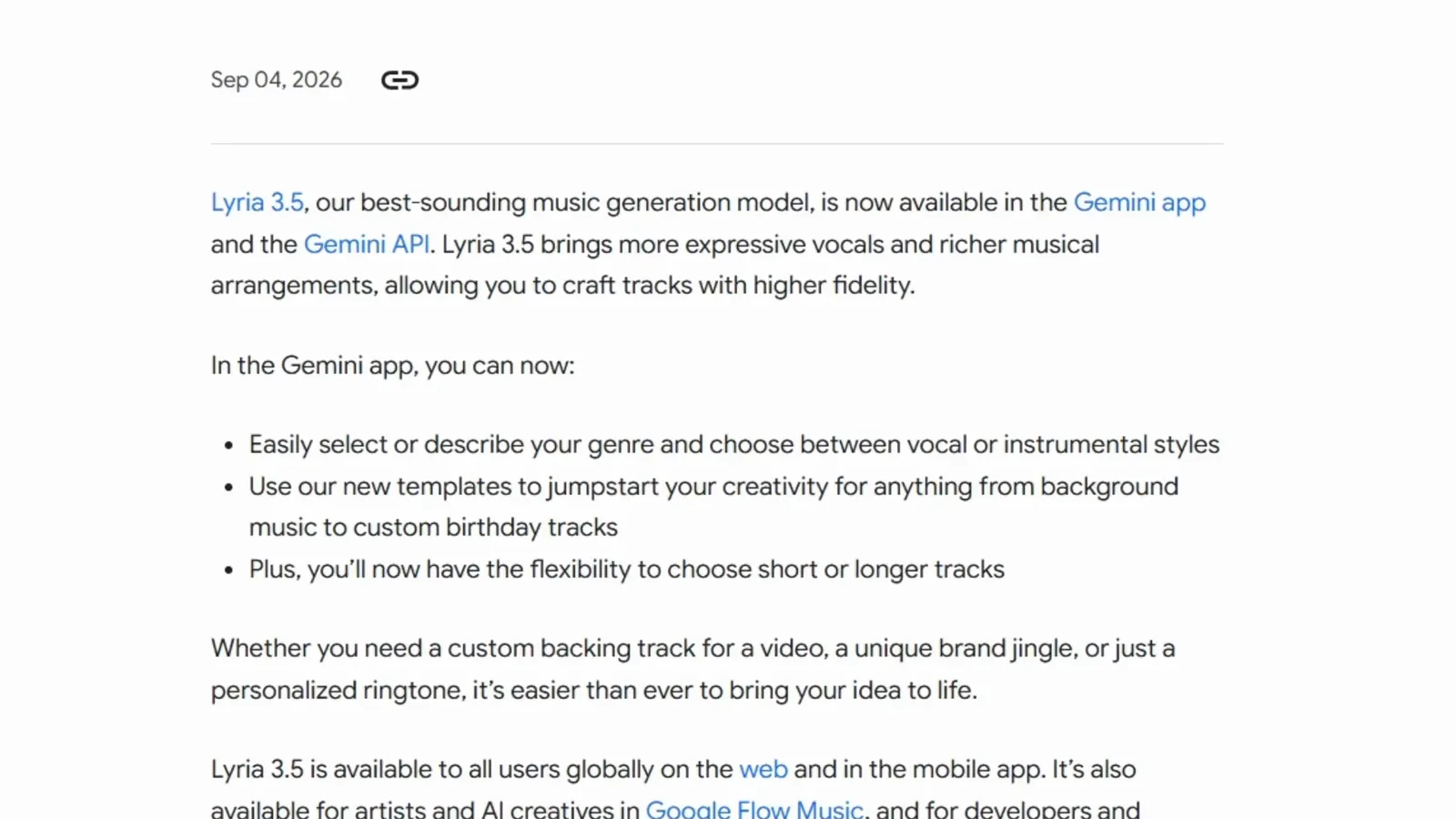 Google announcement page listing the Lyria 3.5 features now live in the Gemini app. Google announcement page listing the Lyria 3.5 features now live in the Gemini app.