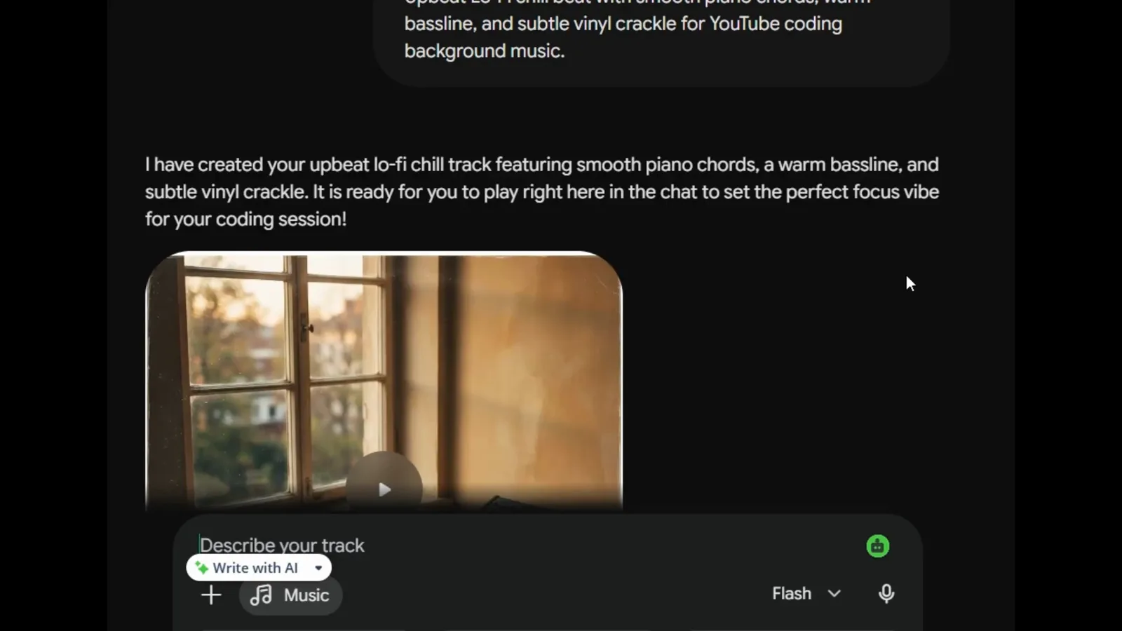 Generated track card with a warm sunset-window cover art and play button below Gemini's explanation message in the chat. Generated track card with a warm sunset-window cover art and play button below Gemini's explanation message in the chat.