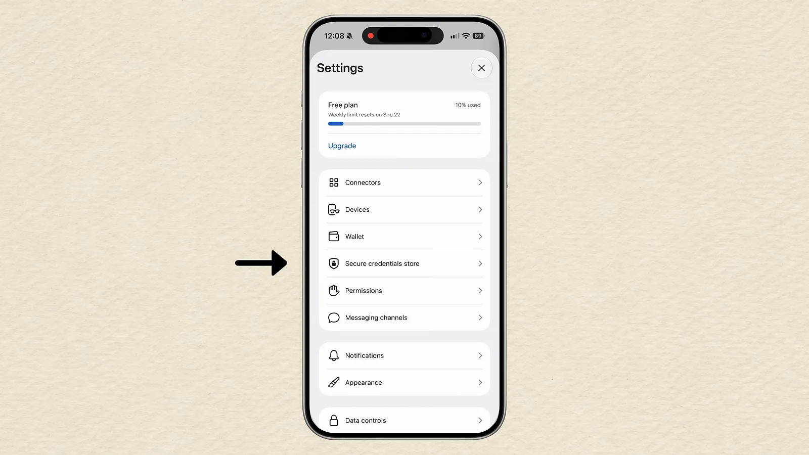The Meta Muse settings screen lists Connectors, Devices, Wallet, Secure credentials store, Permissions and Messaging channels on a single menu.