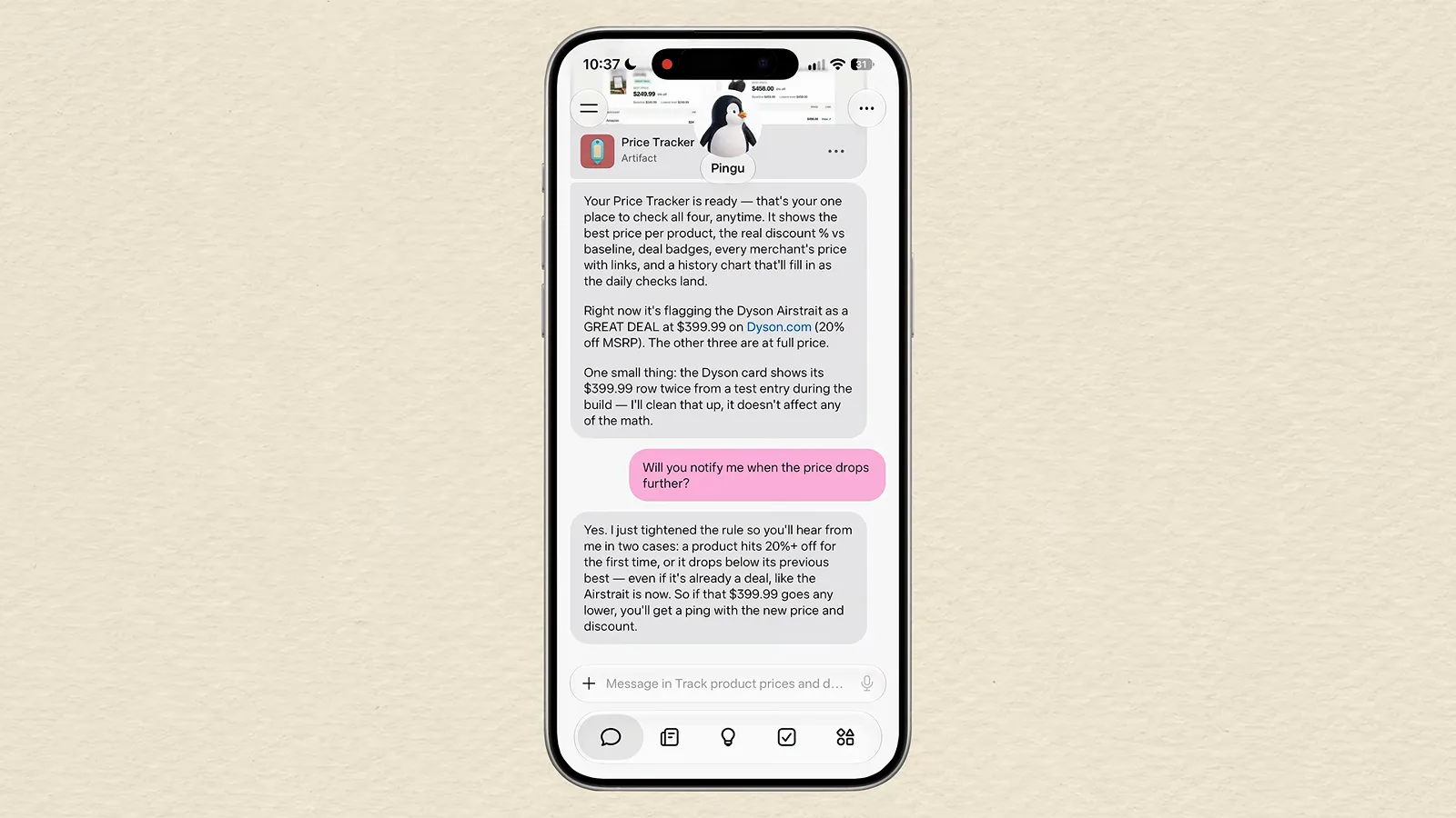 Meta Muse sends a chat message announcing a Dyson Airstrait price drop to $399.99 off its $499.99 MSRP, with the Price Tracker artifact attached below.