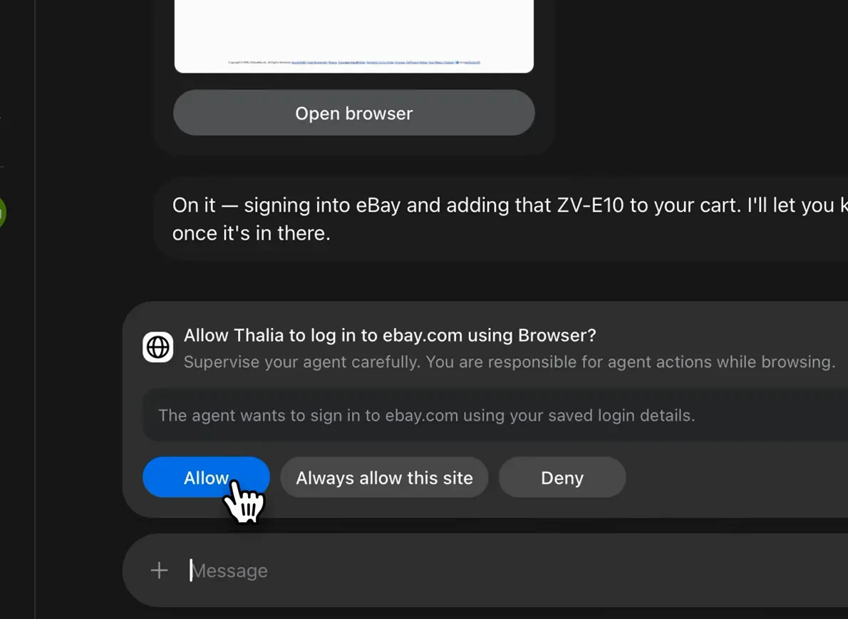 A permission card in the Muse desktop app asks Allow Thalia to log in to ebay.com using Browser, with Allow, Always allow this site and Deny buttons.