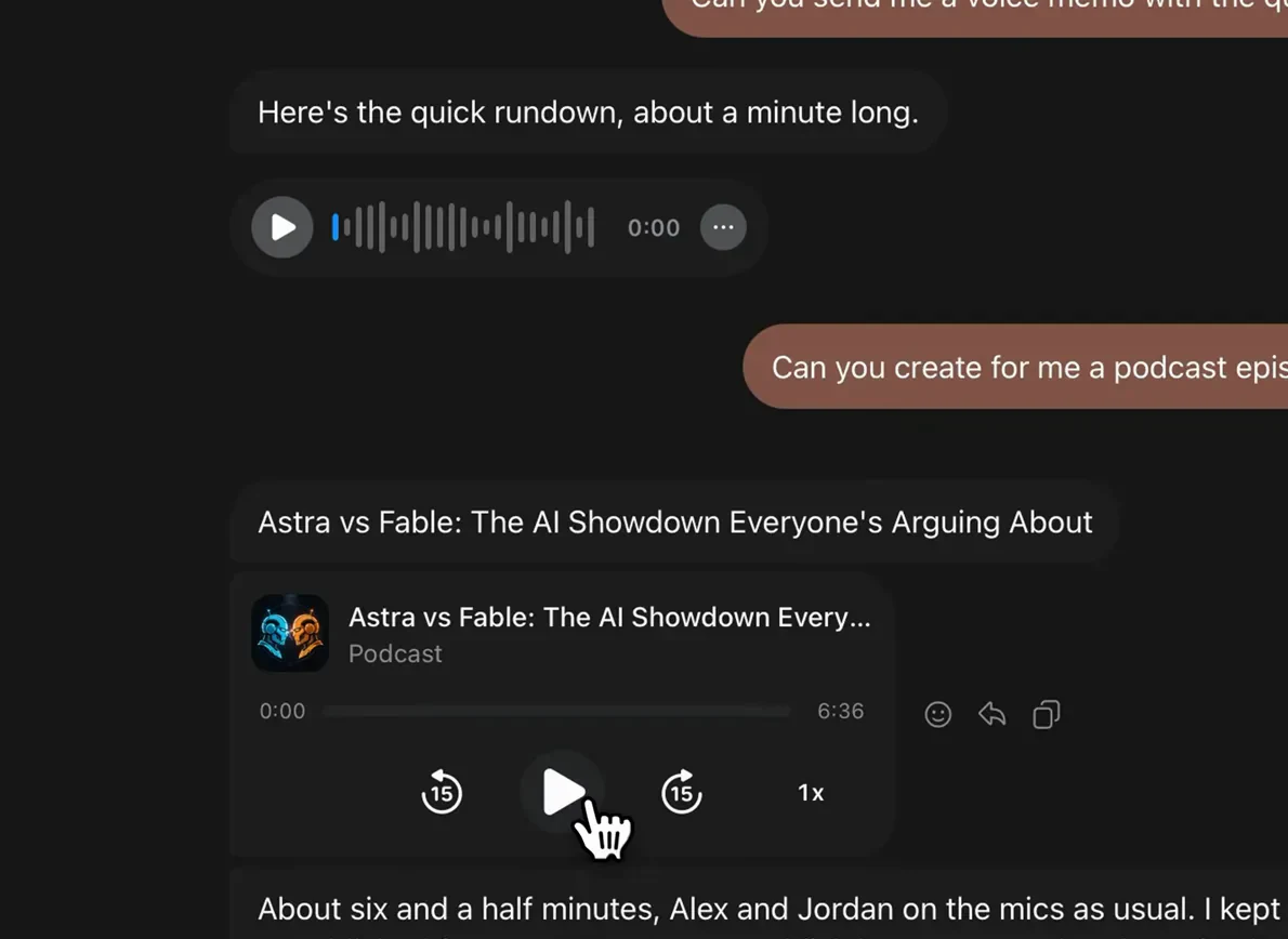 A Meta Muse podcast card for Astra vs Fable runs six and a half minutes with play, skip and 1x speed controls in the desktop player.