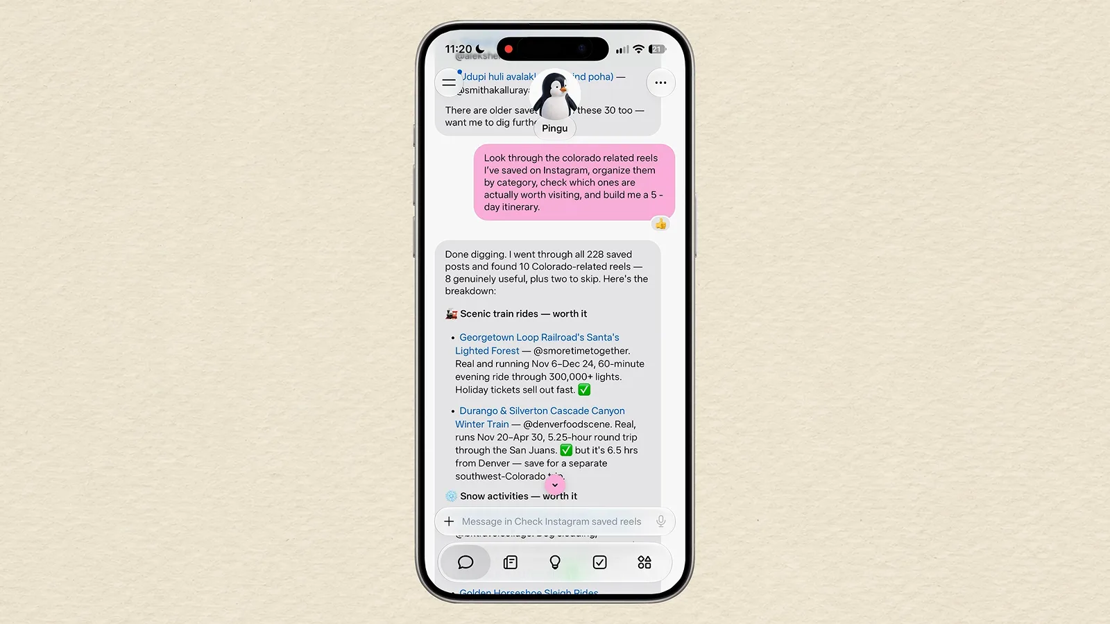 Meta Muse reviews 228 saved Instagram posts and reports that eight Colorado reels made the cut while two were skipped as not worth the detour.