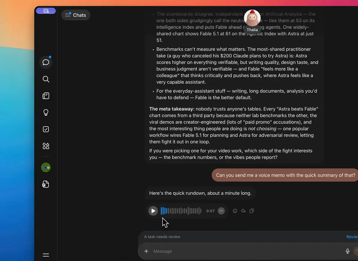 The Meta Muse desktop app plays a one-minute voice memo summary from a waveform player right under the user's request in the chat.