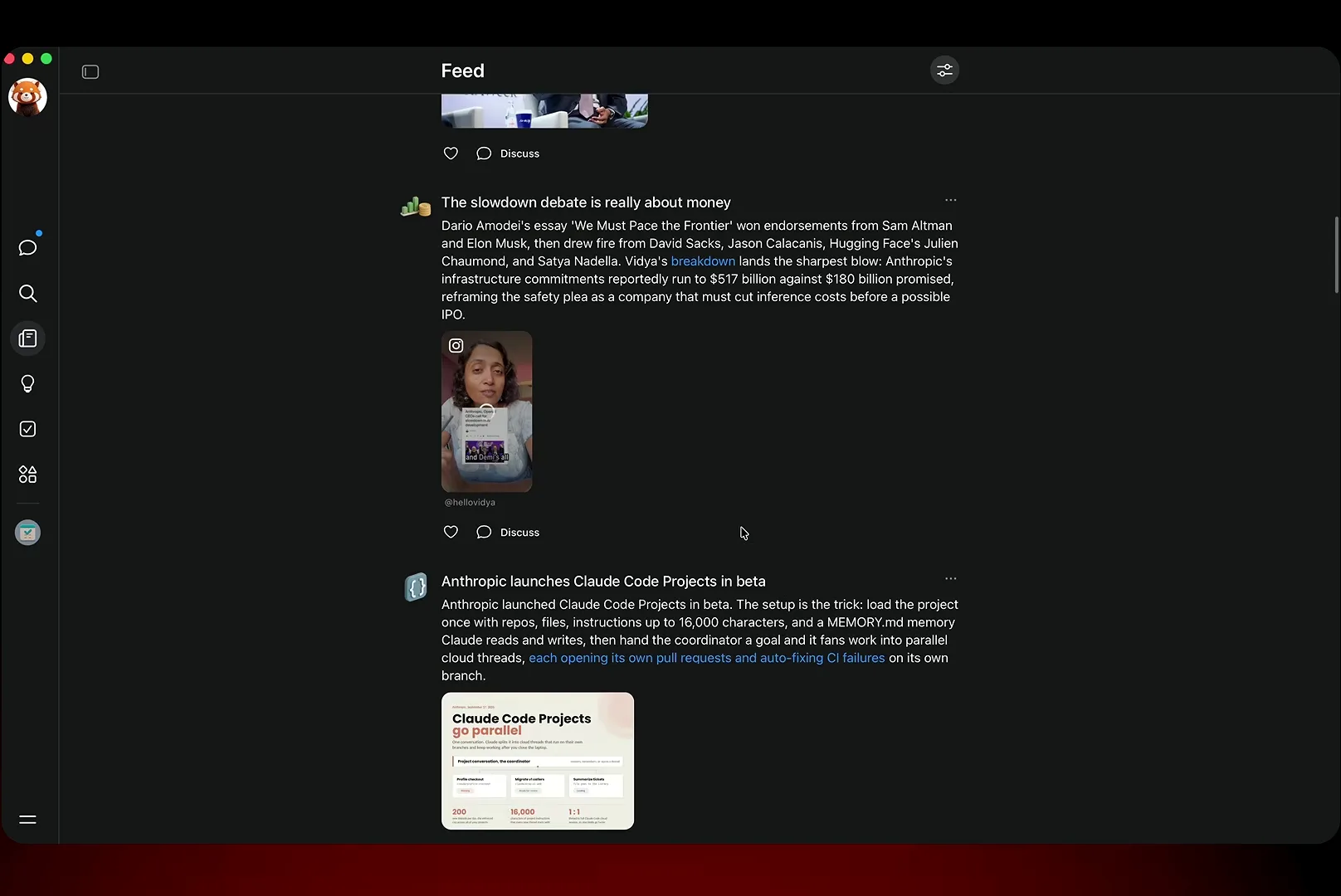 The Feed tab in Meta Muse shows a morning AI news digest covering the Amodei pacing essay debate and Anthropic's Claude Code Projects beta launch.