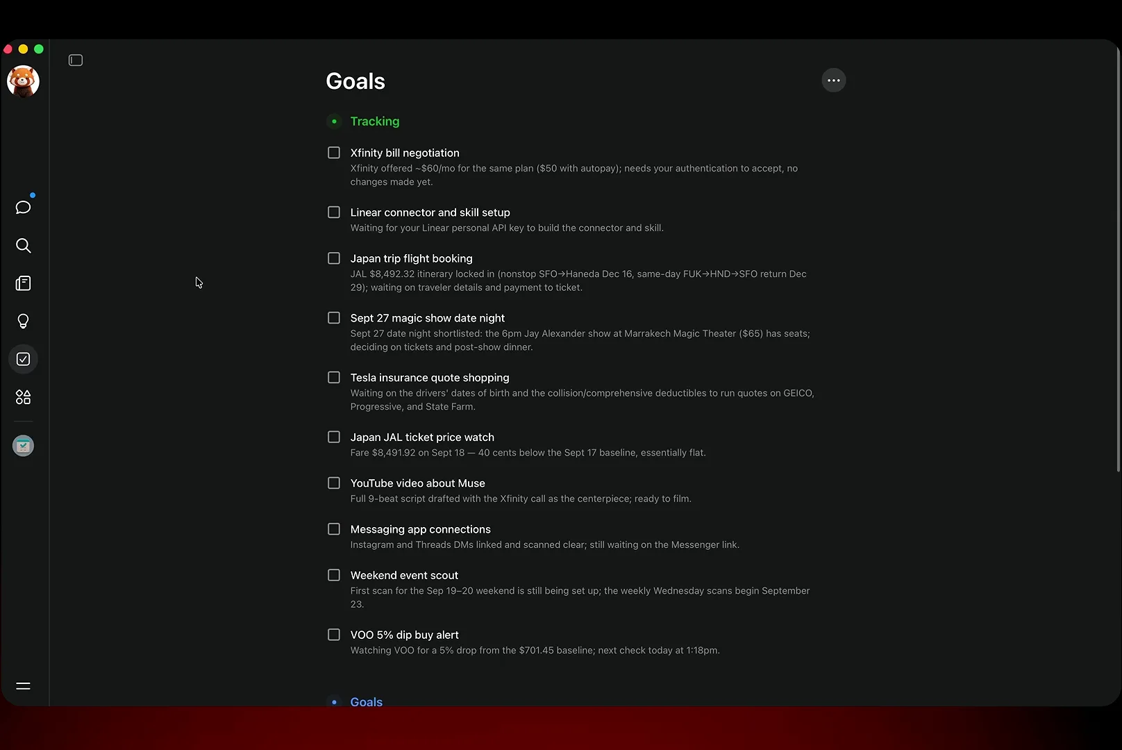 The Goals tab in Meta Muse tracks standing errands from Xfinity bill negotiation to a $3,492.32 Japan flight booking and a VOO 5 percent dip alert.
