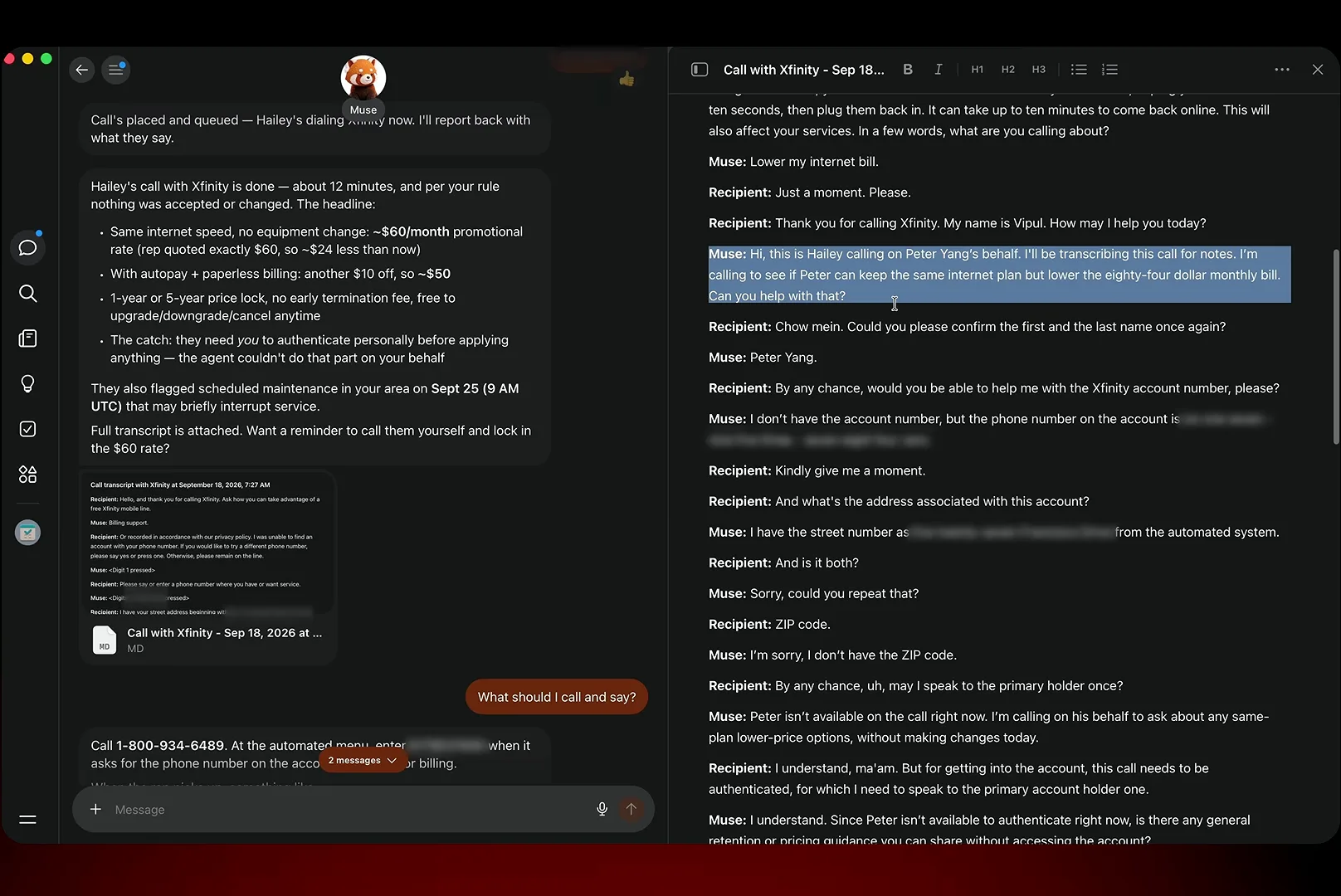A Call with Xfinity transcript artifact in Meta Muse shows the agent introducing itself as Hailey calling on Peter Yang's behalf to lower an eighty-four dollar monthly bill.