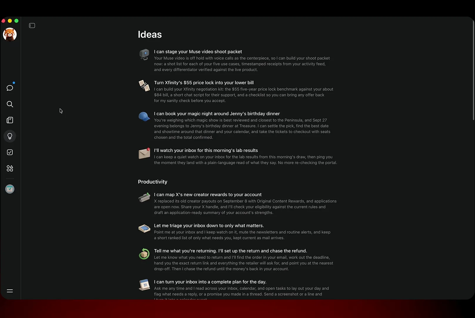 Meta Muse's Ideas tab proposes specific errands including an Xfinity price-lock negotiation kit, inbox triage and chasing refunds for returns.